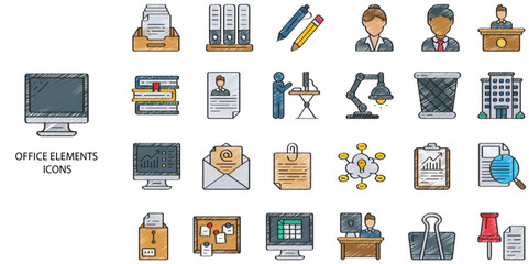 Office Element simple concept 24 hand drawn color icons set. Contains such office, workplace, workspace, cyberspace .Vector illustration.
