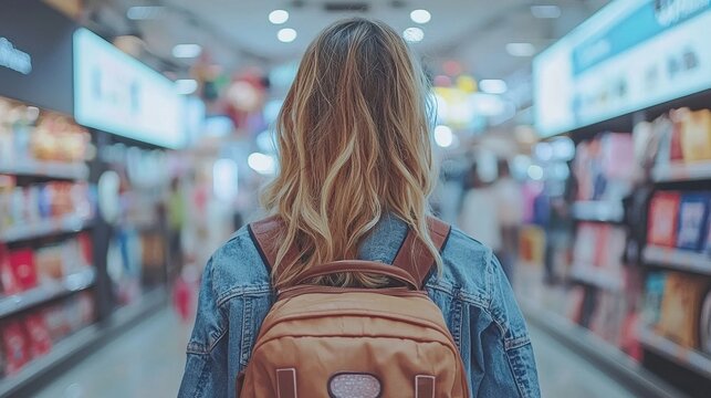 Young woman exploring retail store with backpack in vibrant setting