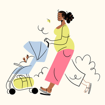 Mother Pushing Pram Character Design Spot Illustration