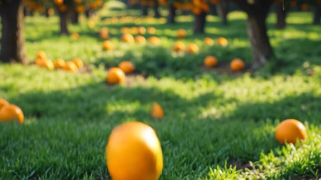 A citrus grove showcasing thriving, green orange trees filled with bright, ripe oranges. The scenery encapsulates the essence of natural richness, with orderly rows of fruit-producing trees.