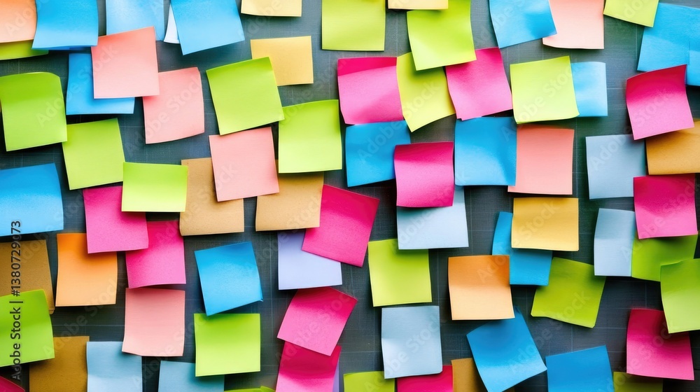Poster brainstorming session concept with colorful sticky notes arranged on a glass board in a professional