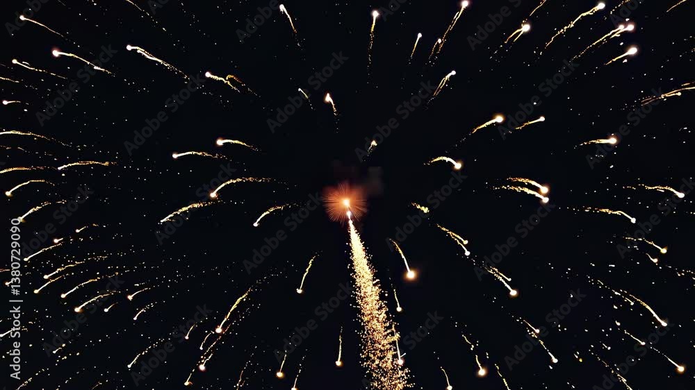 Poster a mesmerizing burst of fireworks captured from a low-angle shot, creating a dynamic, explosive effec