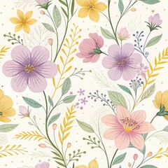 Floral pattern with pastel flowers, leaves, and dots on a light background, creating a soft, elegant design.