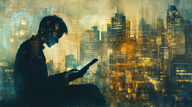 Business and technology, software development, IoT concept. Double exposure of man programmer, software developer working on digital tablet and smart city with binary, html computer code on screen