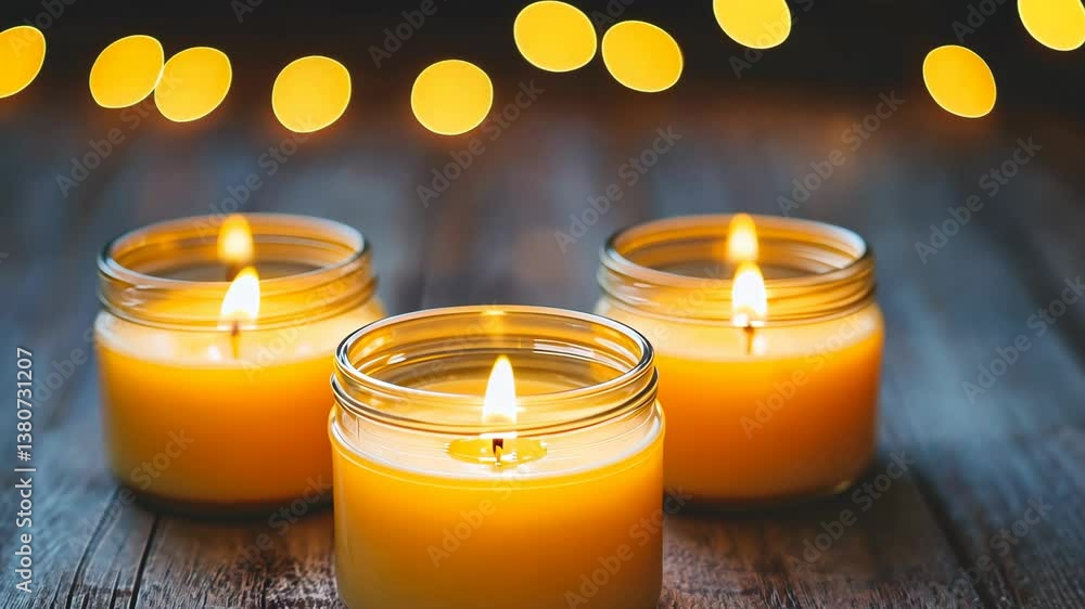 Poster warm candles illuminate a cozy wooden table with soft lights in the background during a relaxing eve