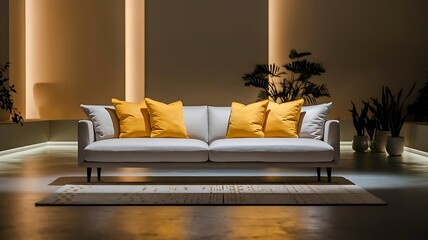Modern Contemporary Living Room Interior Featuring a Light Gray Sofa Adorned with Yellow Cushions, Soft Lighting, and Minimalist Decor, Creating a Cozy, Stylish Atmosphere