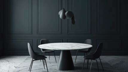 Compact and stylish meeting room with a round marble table, modern chairs, and soft pendant lighting.