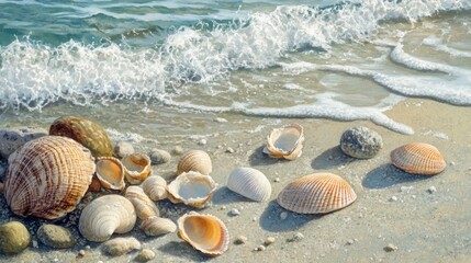 Sea pebbles and seashells background. Natural seashore stones textured surface