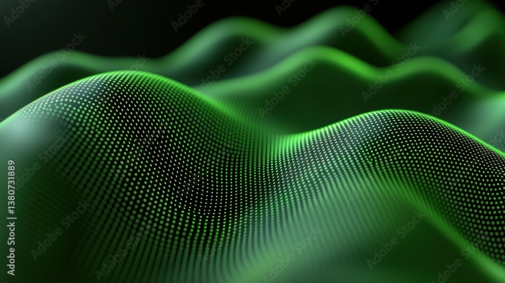 Poster a mesmerizing digital wave pattern in vibrant green, showcasing intricate textures and depth against