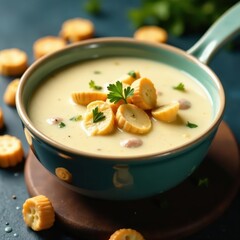Creamy clam chowder in bowl, buttery crackers , cuisine, dinner