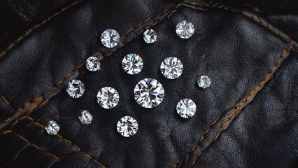 A bunch of diamonds sitting on top of a black leather jacket, perfect for showcasing jewelry or fashion accessories