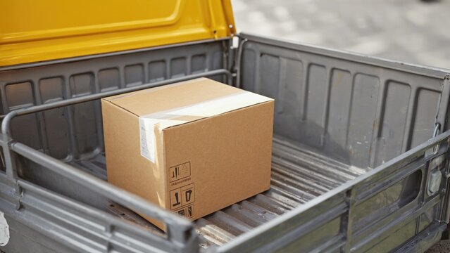 A box in the cargo area of a truck, waiting to be unloaded