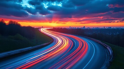 Winding road trails to cityscape, sunset glow, dark clouds above