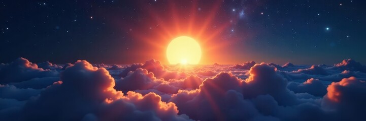 Fototapeta premium Brilliant sunburst piercing midnight, ethereal radiance , landscape, galaxy, wallpaper