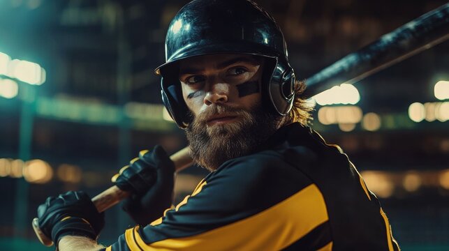 American baseball player with a beard and helmet, holding a bat in a night stadium. The player is wearing a yellow and black uniform and has a determined look on their face. Cinematic shot