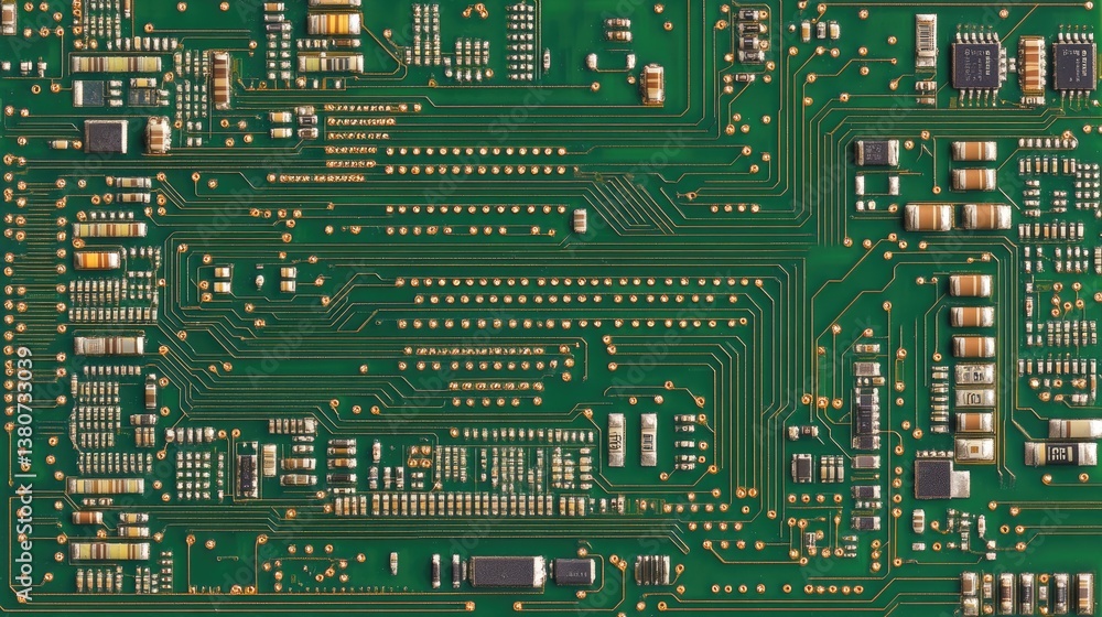 Poster electronic circuit board close-up with complex microchip connections.