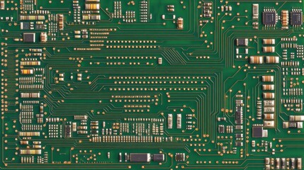 Electronic circuit board close-up with complex microchip connections.