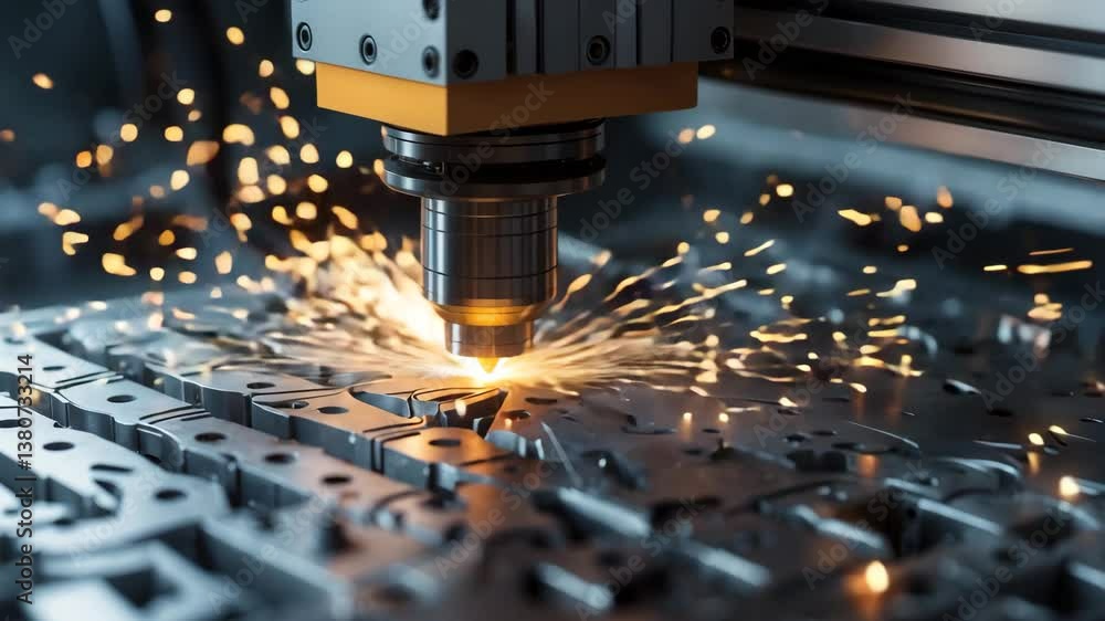 Poster cnc laser cutting machine operating on sheet metal with sparks in a factory setting. dark backdrop. 