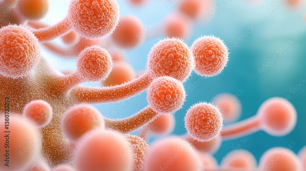 Poster an abstract depiction of colorful, microscopic structures resembling cells or viruses, emphasizing i