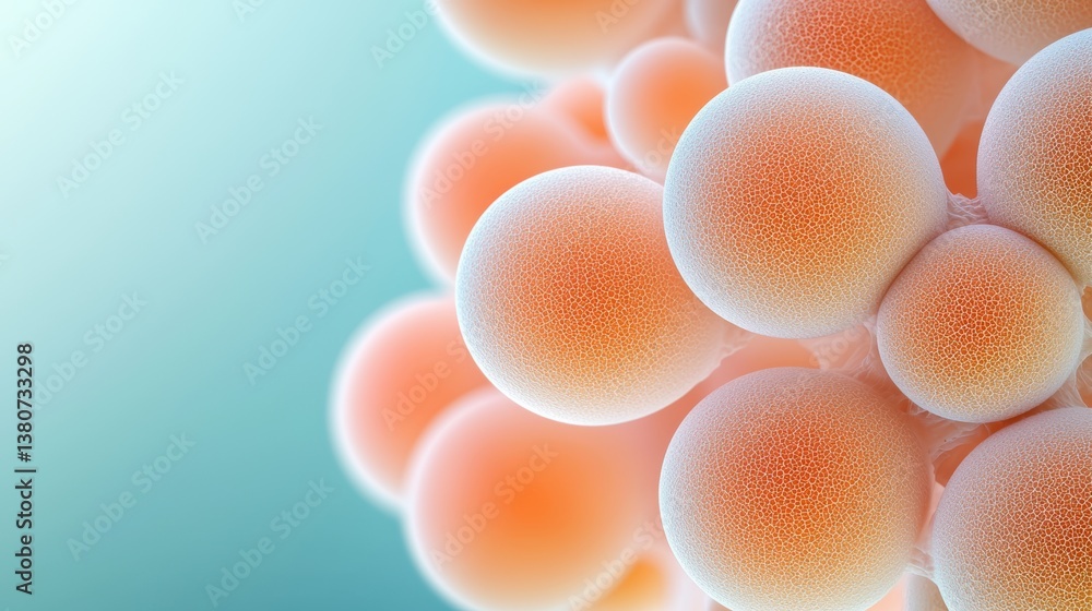 Poster an abstract close-up image of spherical structures resembling cells, showcasing a soft color palette
