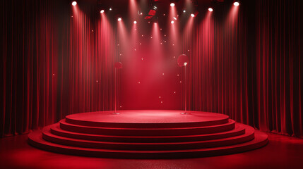 Show light, Stage Podium Scene with for Award Ceremony on red Background. Vector illustration