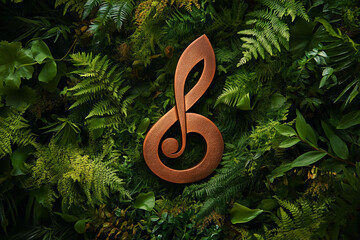 Copper treble clef on lush green foliage background, showcasing nature's harmony with music, ideal for musical event promotion or nature-themed design