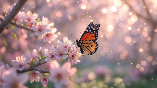 Artistic blurred background of nature. Scene of nature featuring blooming tree blossoms and a fluttering butterfly. Stunning orchard.