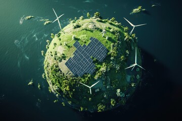 Green planet with solar panels, wind turbines, and water elements for sustainable energy concepts