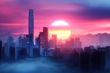 Fototapeta premium renewable energy, clean, climate, Vibrant city skyline at sunset with silhouettes of skyscrapers against a colorful sky.