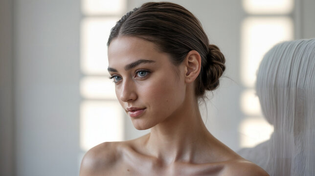A remarkable photo shows a Russian model with a very sleek, tight hairstyle.
