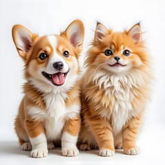 Obraz premium Adorable Corgi and Pomeranian Puppies Posing Together on White Background Studio Shot