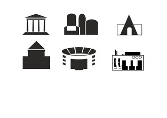 Vector Set of Black and White Building Icons, Minimalist Urban and Architectural Symbols