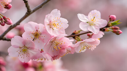 Obraz premium Close-up of pink cherry blossoms in full bloom with delicate buds