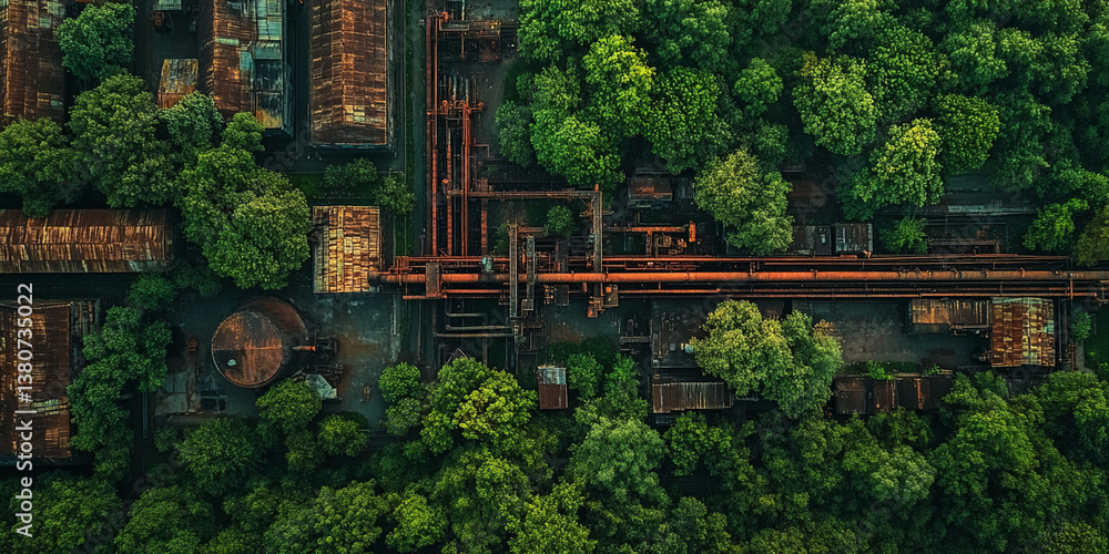 Poster aerial view of rusty industrial structures reclaimed by lush green trees, showcasing nature's gradua