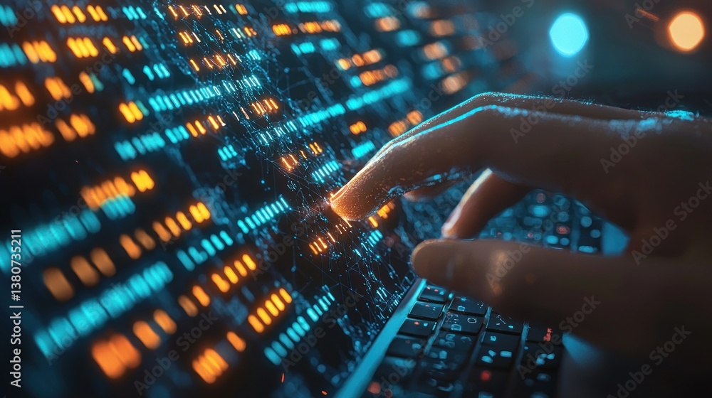 Poster digital realm: a hand interacting with glowing data streams on a futuristic keyboard