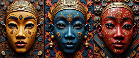 Obraz premium Colorful face sculptures reflecting diverse cultural artistry