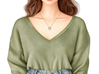 Stylish woman in green sweater and jeans, a casual fashion statement for everyday comfort effortless chic