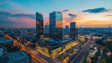Aerial view of a vibrant modern business district at dusk, with tall glass skyscrapers illuminated by city lights, captured in long exposure style with vivid blue and orange hues.