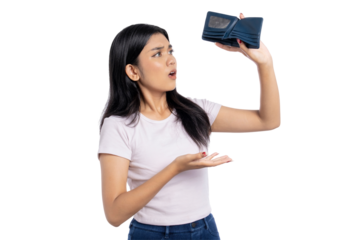 Shocked young Asian woman looking at empty wallet with worried expression, financial problem, isolated on transparent background