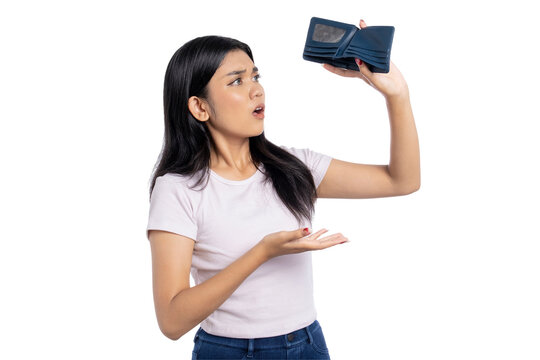 Shocked young Asian woman looking at empty wallet with worried expression, financial problem, isolated on transparent background