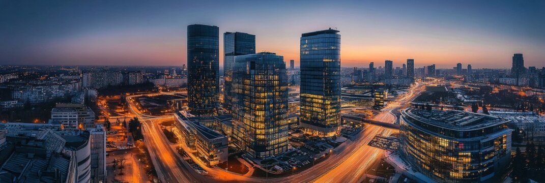 Aerial view of a vibrant modern business district at dusk, with tall glass skyscrapers illuminated by city lights, captured in long exposure style with vivid blue and orange hues.