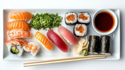 Assorted Sushi Platter with Nigiri, Rolls, Wasabi, and Soy Sauce