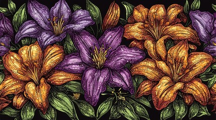 Fototapeta premium Vibrant Floral Arrangement with Lilies and Dew Drops on Black Background