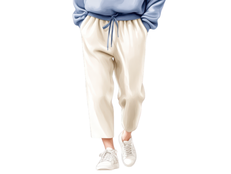 Stylish woman posing in blue sweatshirt and white pants, a fashionable casual outfit for everyday wear
