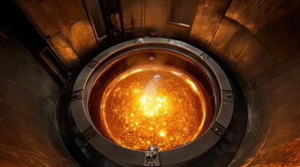 Obraz premium Industrial glass manufacturing with molten material being shaped and cooled.