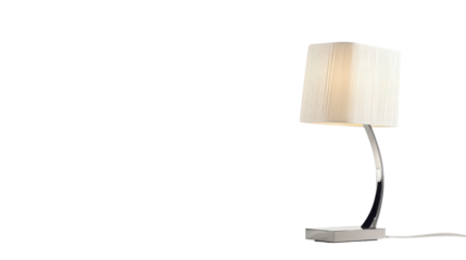 Elegant table lamp with a rectangular fabric shade in a light tone, featuring a sleek, curved polished metal base and a square base, isolated on a transparent background.