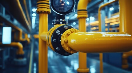 Close-up of yellow industrial pipes and gauge in a factory.