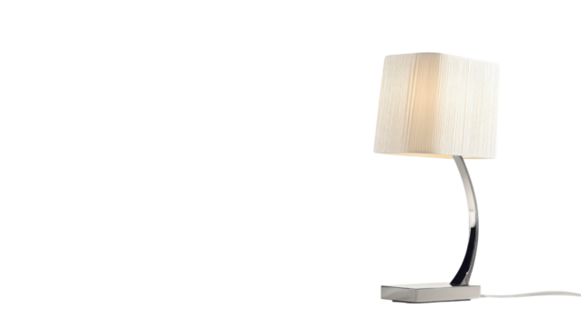 Elegant table lamp with a rectangular fabric shade in a light tone, featuring a sleek, curved polished metal base and a square base, isolated on a transparent background.