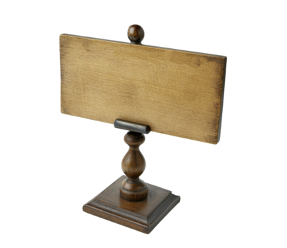 A rustic wooden tabletop chalkboard sign on a stand, perfect for menus or messages, isolated on a transparent background.