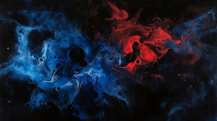 Surreal ink blot of acrylic blue and red pigments merging in water against a deep dark background